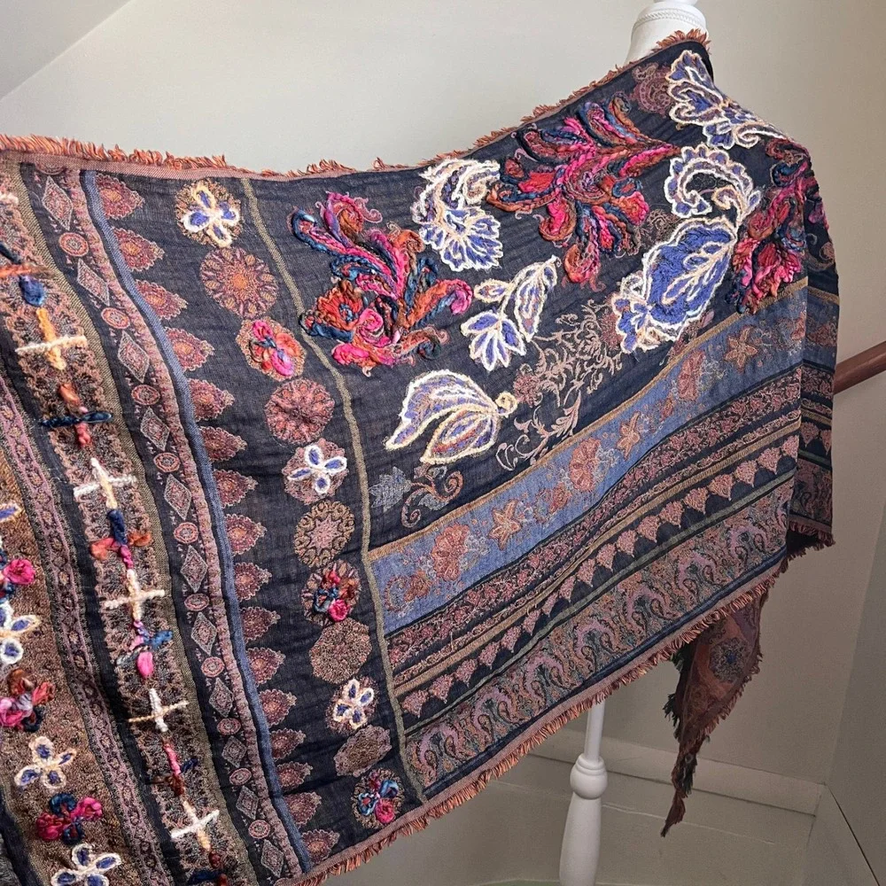 Vintage Boho Floral Tapestry Scarf Shawl Dark Artsy Forest Folk Chunky Wrap